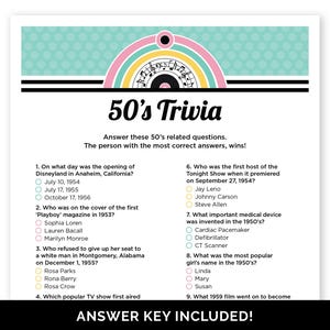 50er Jahre Trivia Spiel, druckbares Quiz mit Antworten für eine 50er Jahre Themenparty, 1950er Trivia für einen Sock Hop, Zurück in die 50er Jahre, 75. Geburtstag Partyspiel.