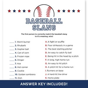 May include: A white game sheet featuring "BASEBALL SLANG" and a baseball graphic. The sheet presents a matching game with baseball terms and definitions. The phrase "ANSWER KEY INCLUDED!" is at the bottom.