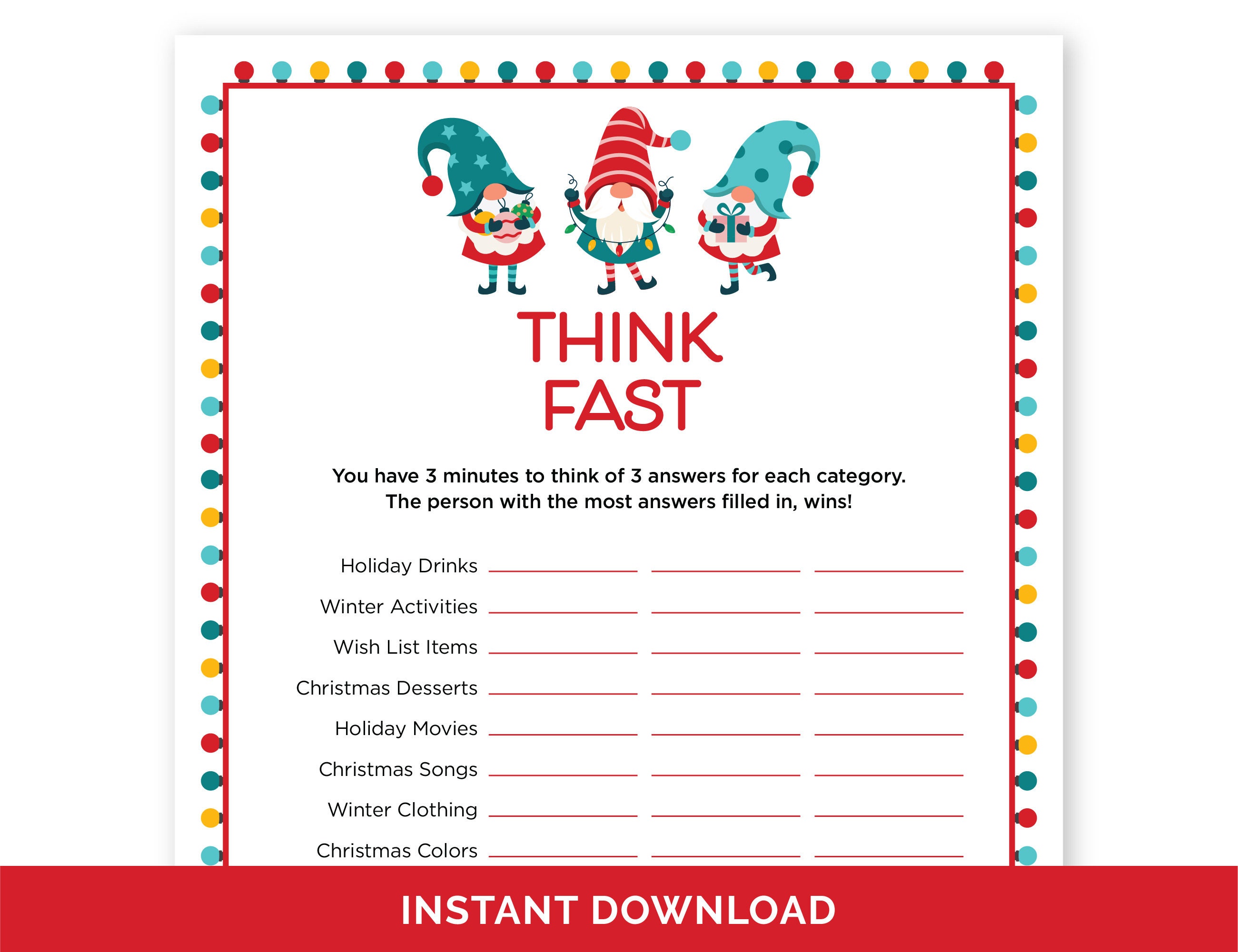 Christmas Think Fast Game Printable Instant Download 