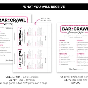 May include: A printable bar crawl scavenger hunt game with pink and black text. The game includes a list of challenges to complete at different bars, with points awarded for each challenge. The game is designed to be played with a group of friends.