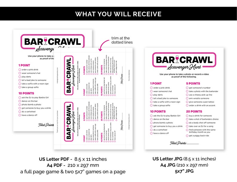 May include: A printable bar crawl scavenger hunt game with pink and black text. The game includes a list of challenges to complete at different bars, with points awarded for each challenge. The game is designed to be played with a group of friends.