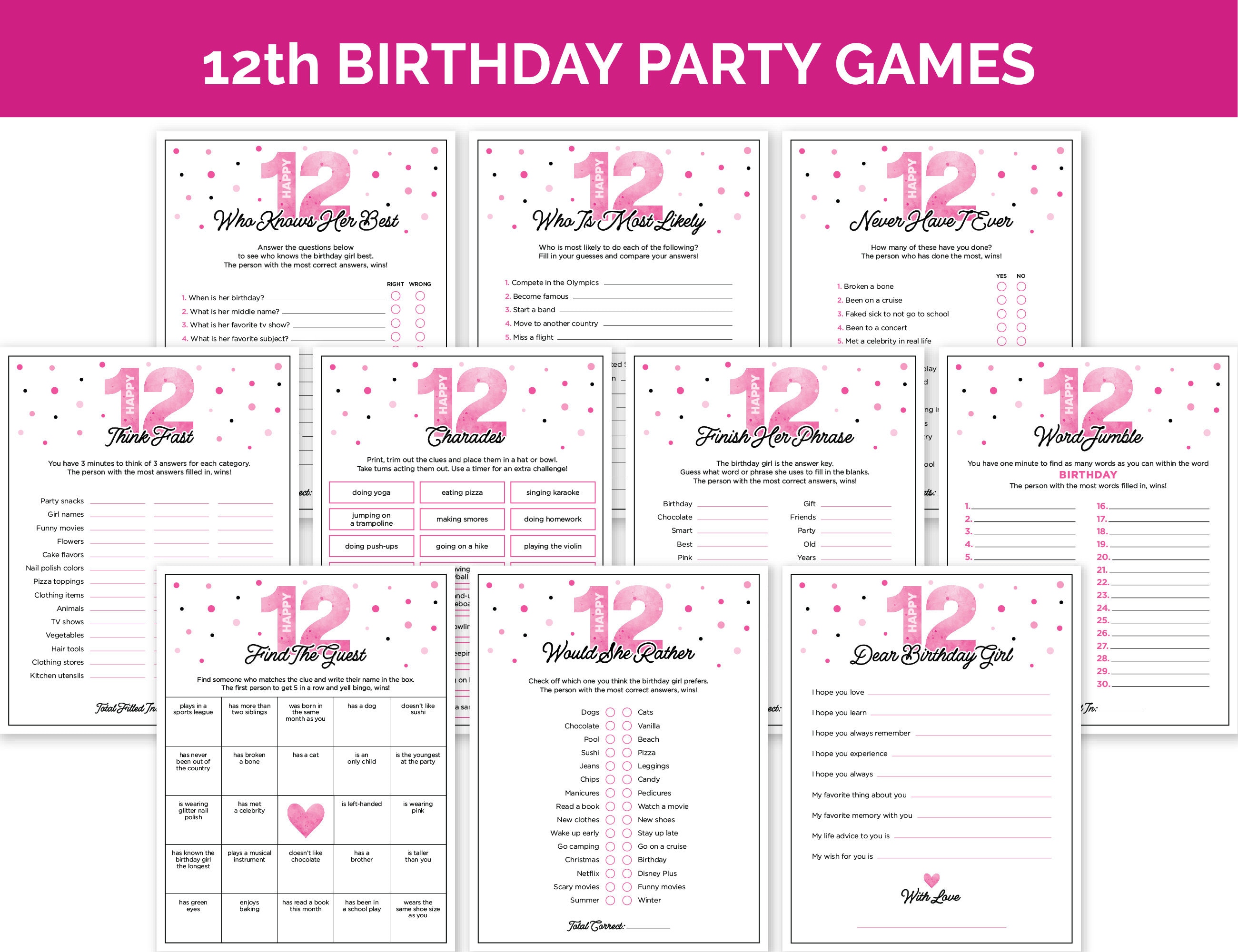 12th Birthday Party Games, Printable Birthday Game Bundle with Birthday Girl Trivia, Tween Activities for a 12-Year-Old Girls Birthday Party