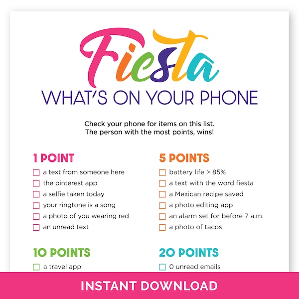 Fiesta What's On Your Phone Game, Printable Phone Scavenger Hunt for Fiesta Birthday, Mexican Fiesta, Taco Party, Fiesta Bridal Shower Game