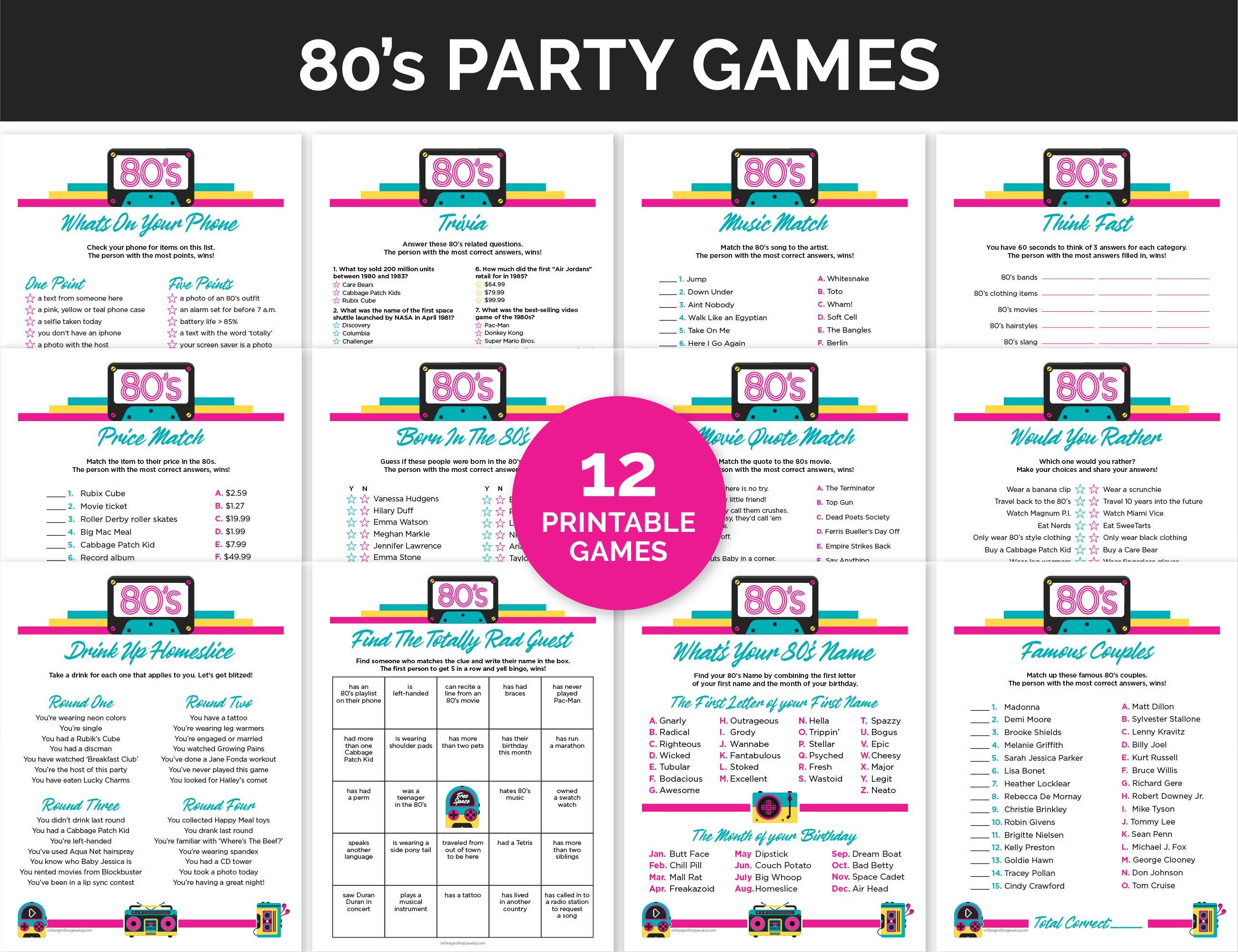 ♡ 80s Party Games, Printable Games Bundle for an 80s-themed