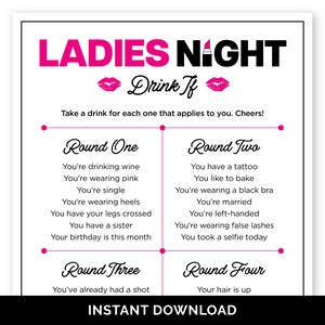 Drink If Ladies Night Game, Printable Drinking Game for Girls&#39; Night In or Ladies Night Out, Adult Party Bar Game for Girls Trip or Weekend.