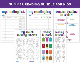 Könnte beinhalten: Ein druckbares Sommerleseset für Kinder mit bunten Illustrationen. Das Set enthält eine Leseliste, ein Lesetagebuch, eine Sommerleserückschau und einen süßen Lesetracker.