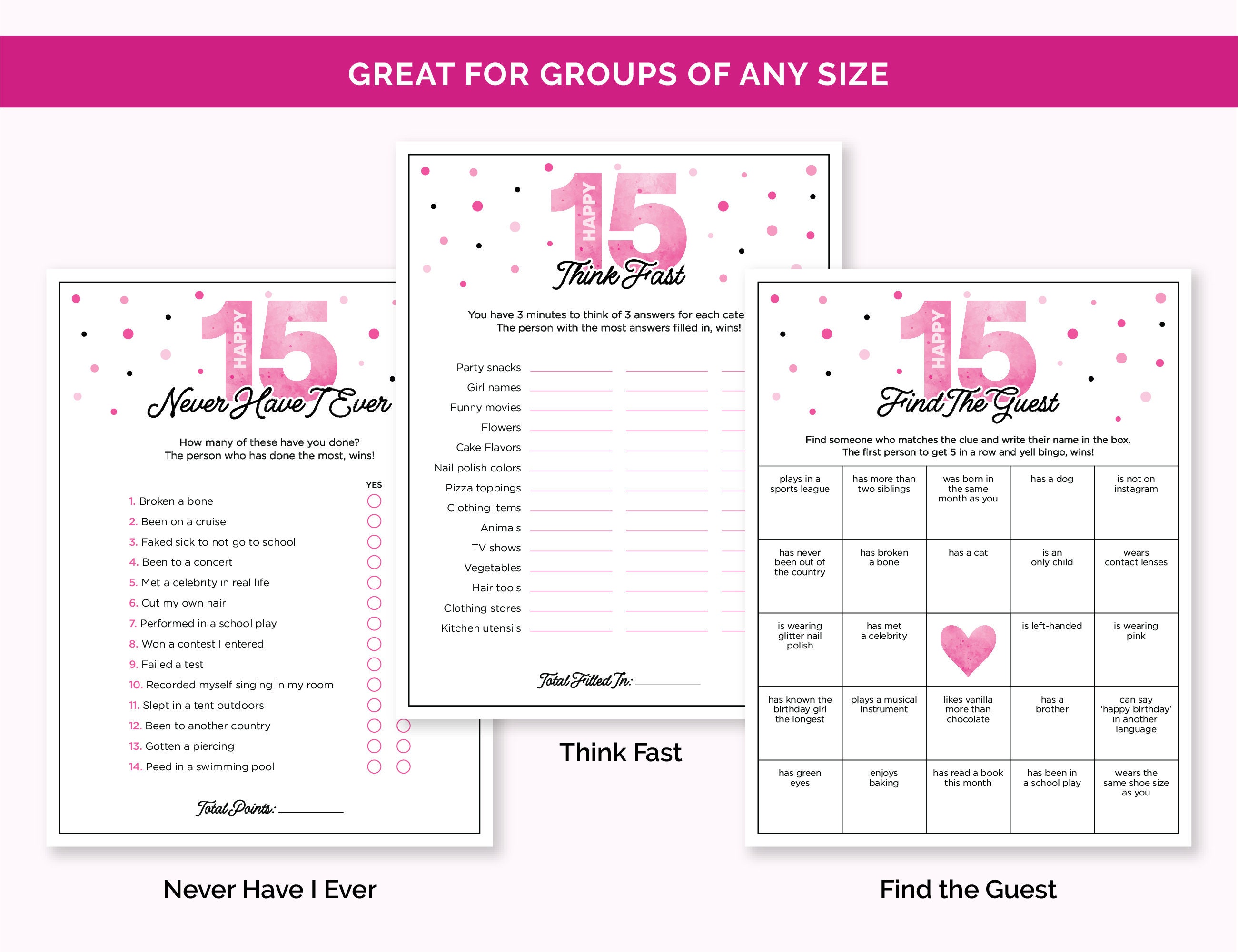 15th Birthday Party Games, Printable Game Bundle for a 15-year-old Girl