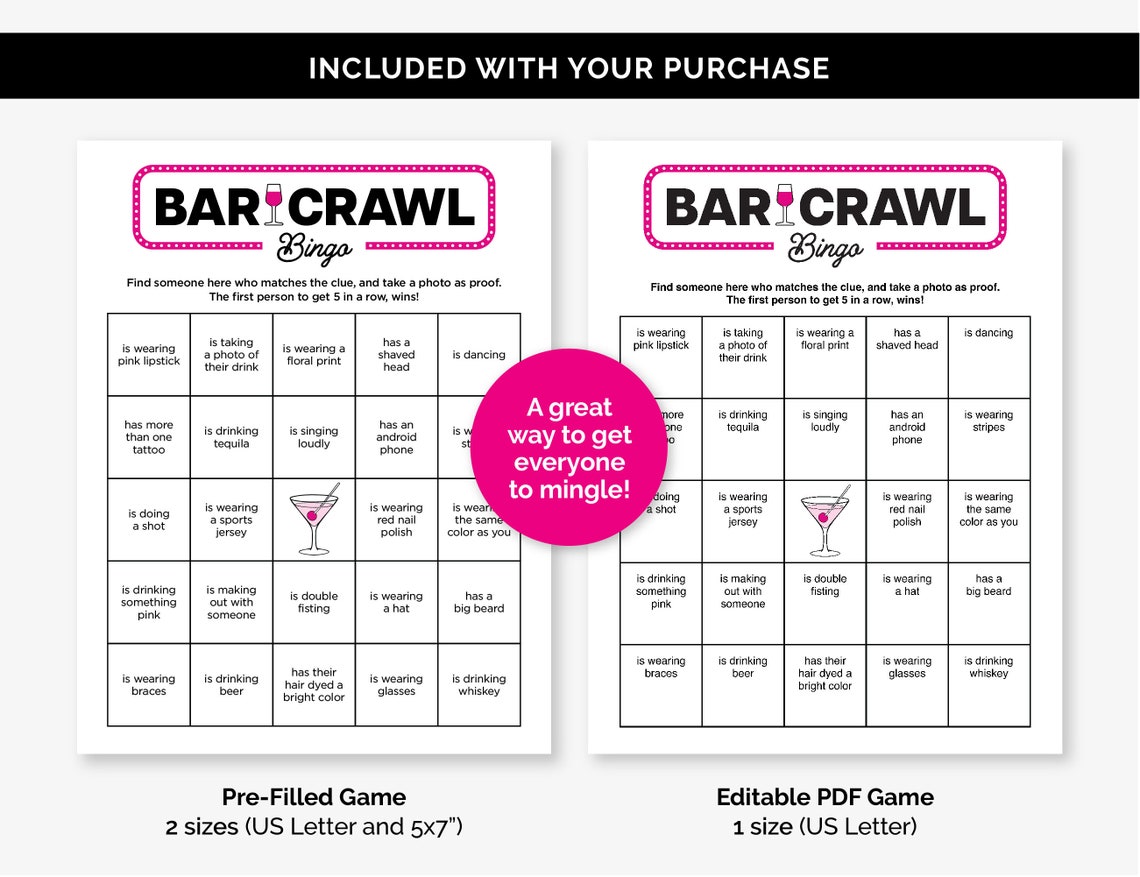 Editable Bar Crawl Bingo Game, Printable Find Someone Who Bar Hopping