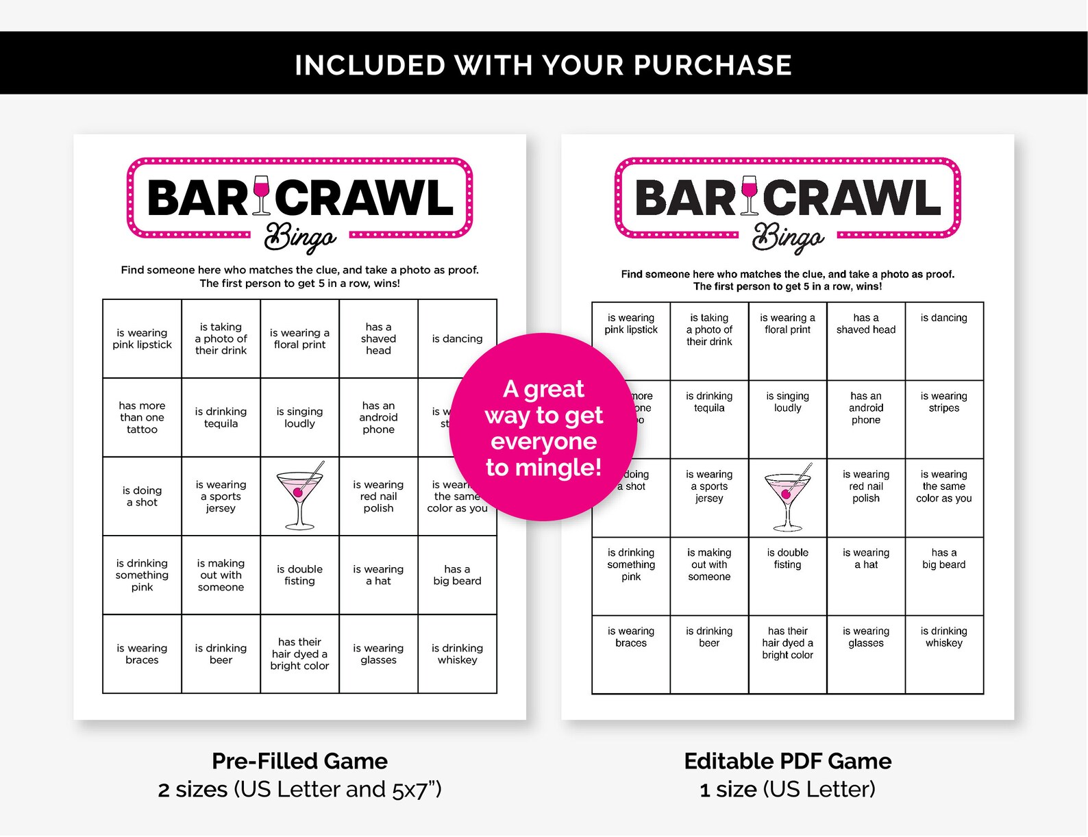 Editable Bar Crawl Bingo Game, Printable Find Someone Who Bar Hopping