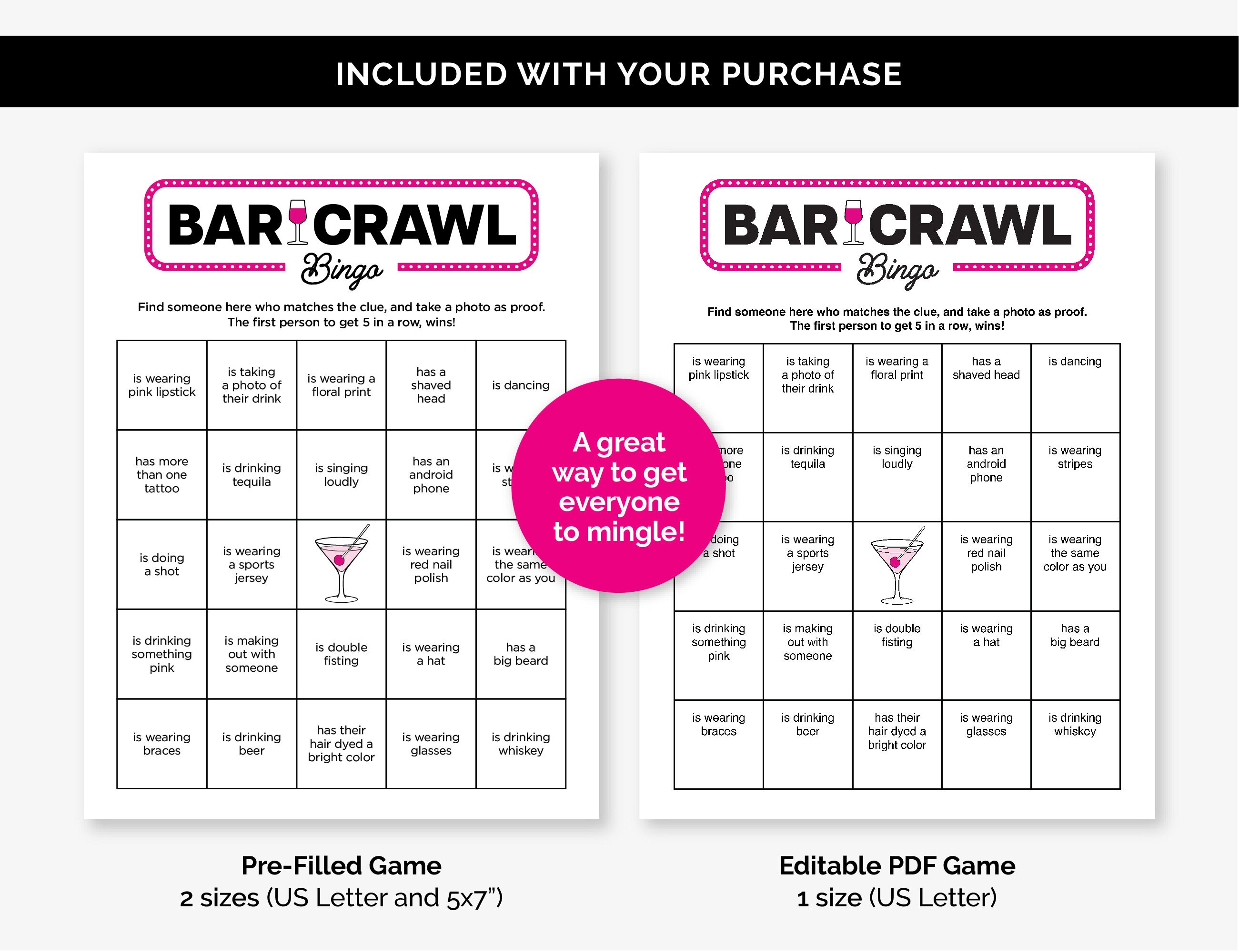 Editable Bar Crawl Bingo Game, Printable Find Someone Who Bar Hopping