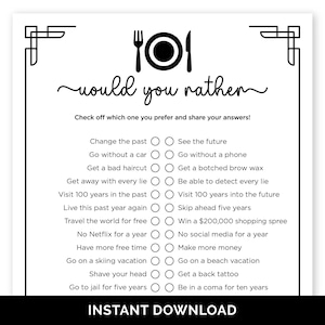 Könnte beinhalten: Eine schwarz-weiße, druckbare Spielkarte mit dem Text "would you rather" und einer Liste von Fragen. Die Karte zeigt oben eine Gabel-, Messer- und Tellergrafik. Die Worte "Sofort-Download" stehen unten.