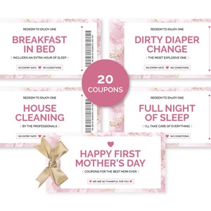Libro de cupones para el primer día de la madre, 20 cupones imprimibles para una madre primeriza, regalo para el primer día de la madre de parte del esposo y el bebé, tamaño carta de EE. UU. y A4