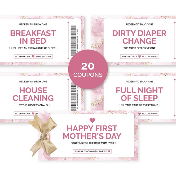 First Mother's Day Coupon Book, 20 Printable Coupons for a First Time Mom, 1st Mother's Day Gift from Husband and Baby, US Letter and A4