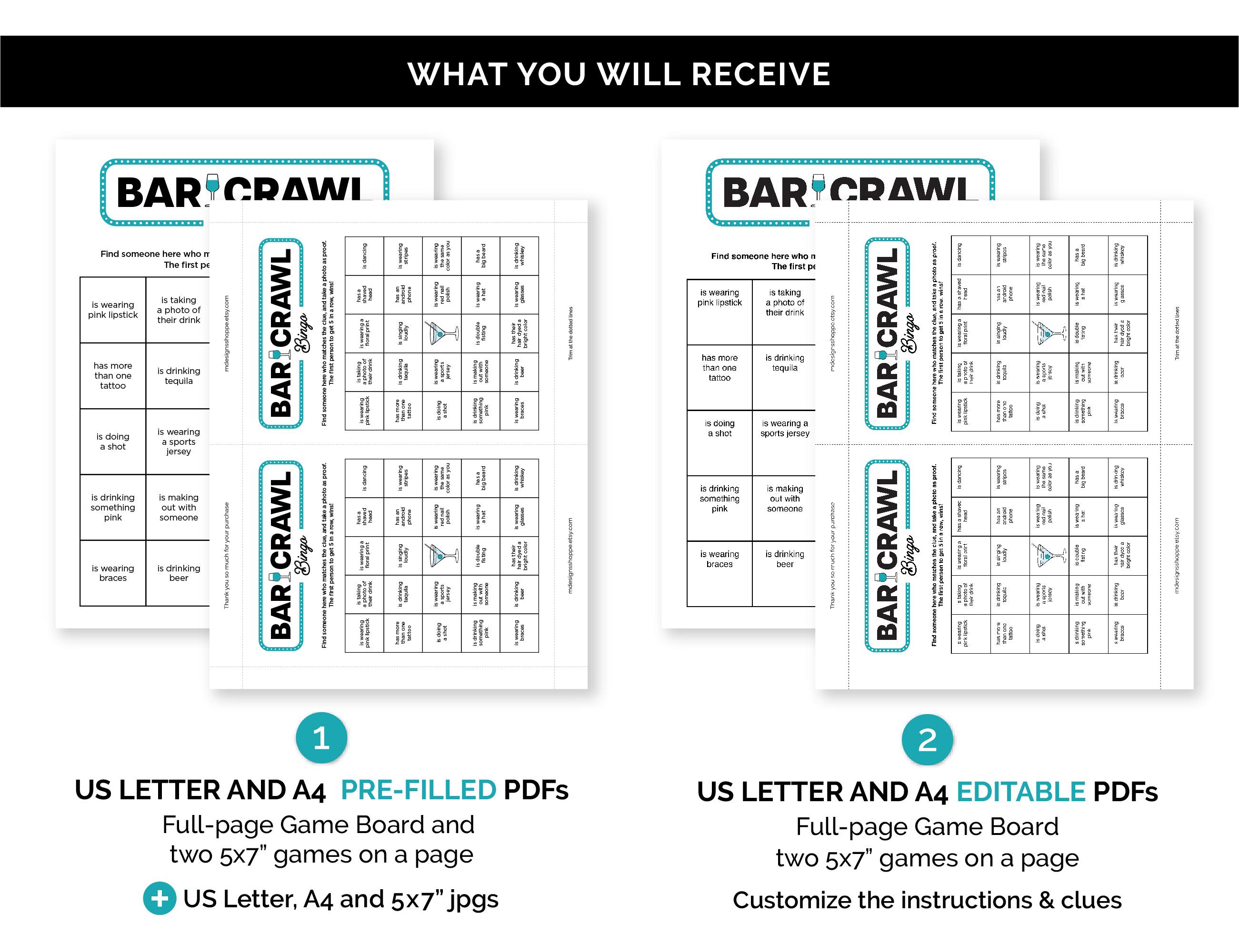 Editable Bar Crawl Bingo, Printable Bar Hopping Game for a Birthday Bar — free download