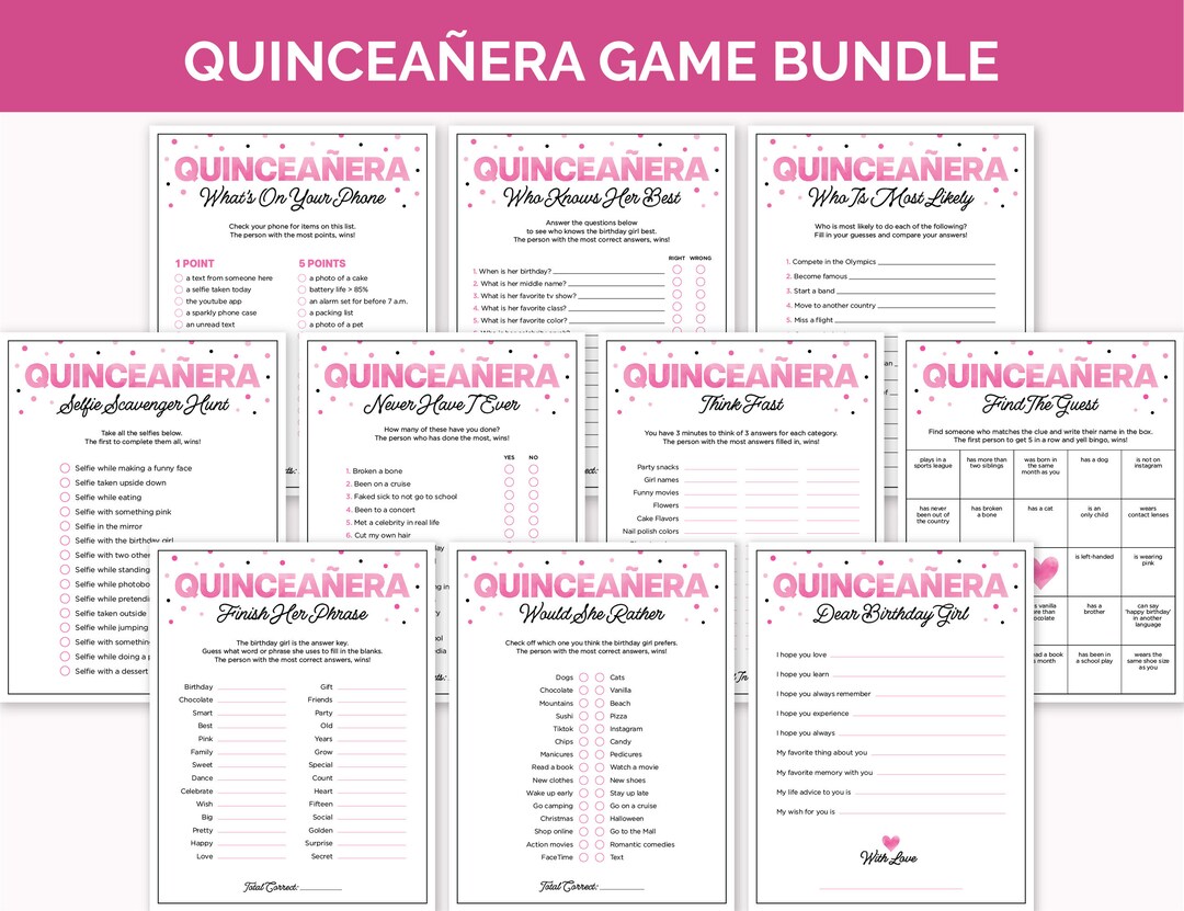 Quinceañera Games for Girls, Printable 15th Birthday Game Bundle, Pink