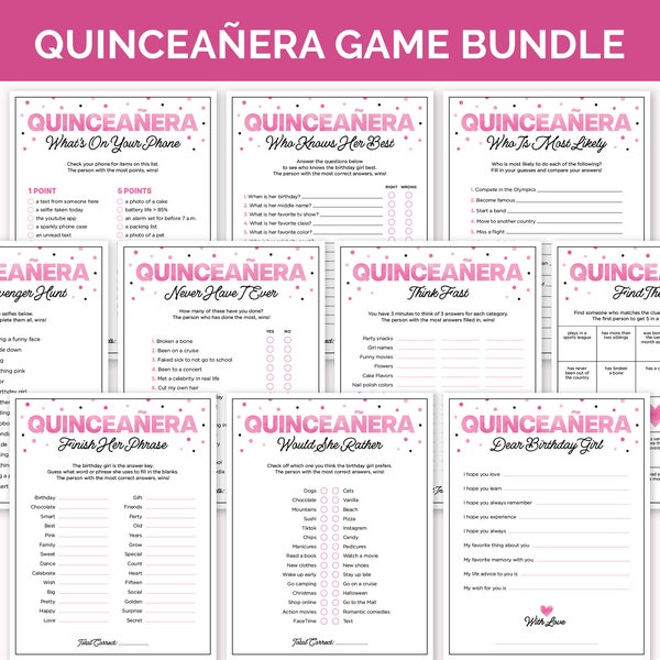 Quinceañera Games for Girls, Printable 15th Birthday Game Bundle, Pink Birthday Girl Trivia Games, Teen Activities for a Quinceanera Party