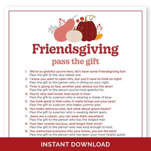 Gra Friendsgiving Pass The Gift, gra do wydrukowania Pass The Present Friendsgiving, zabawa na przełamanie lodów na przyjęciu z okazji Święta Dziękczynienia ze znajomymi.