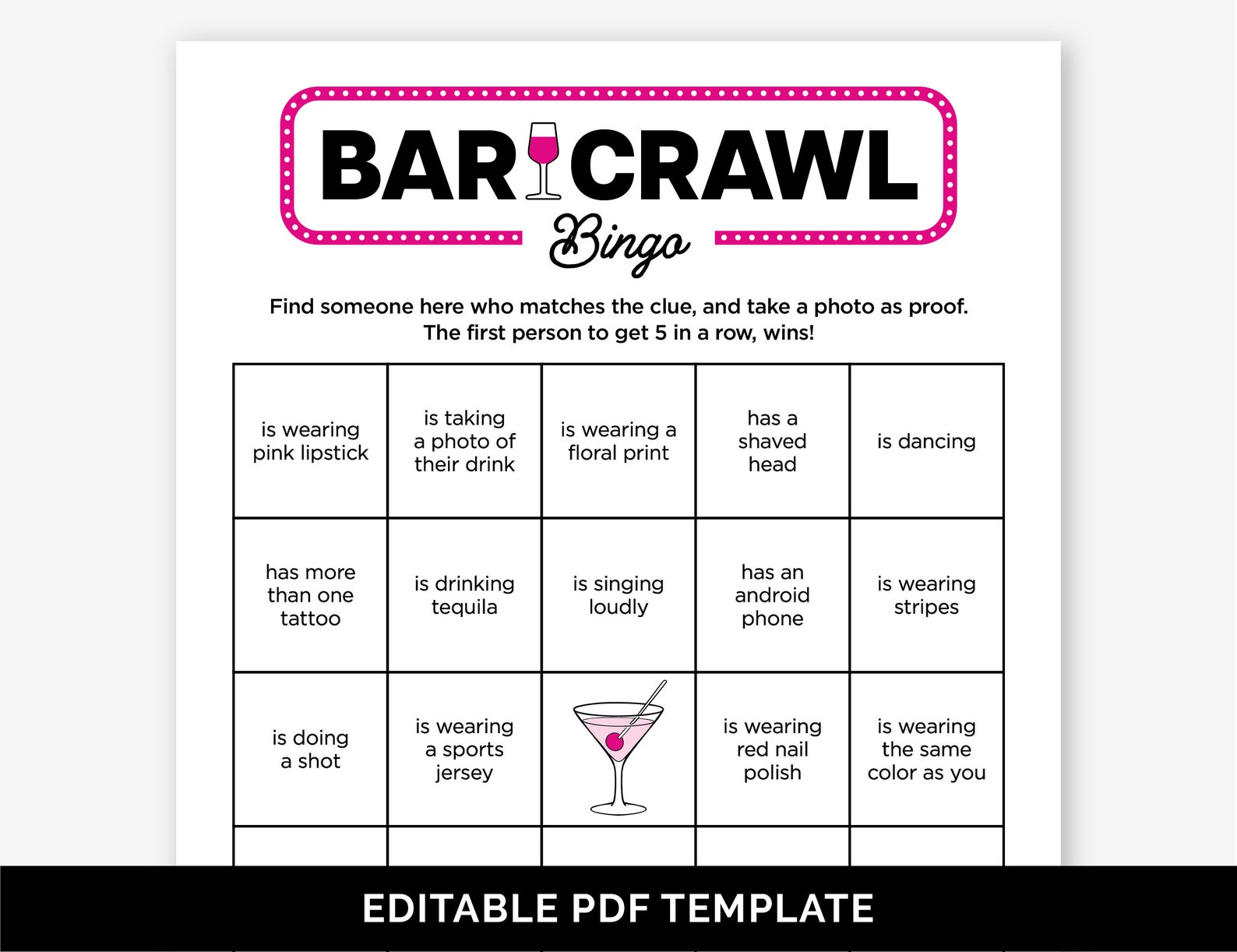Editable Bar Crawl Bingo Game, Printable Find Someone Who Bar Hopping