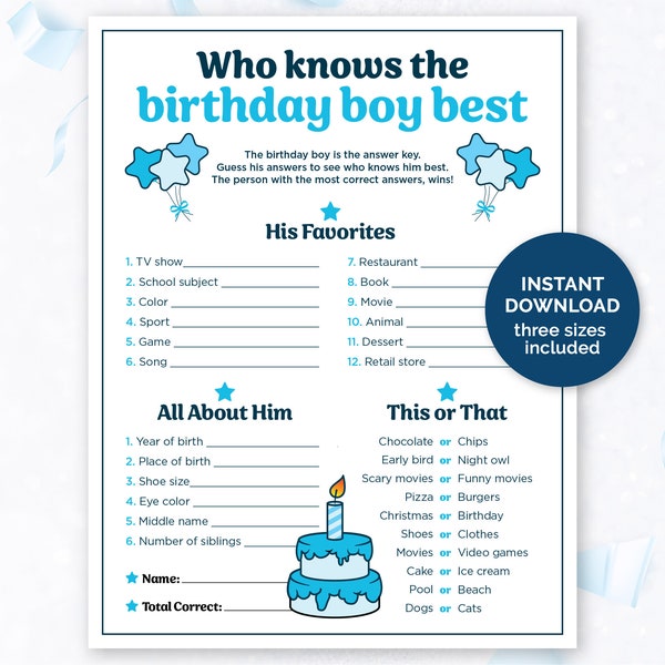 Who Knows The Birthday Boy Best, Printable Birthday Boy Trivia Game, How Well Do You Know The Birthday Boy, Birthday Party Game for Boys.