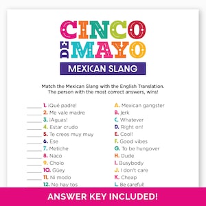 Cinco De Mayo Mexican Slang Game, Printable Trivia Game with Answers for Adults & Teens, Mexican Fiesta Office or Classroom Party Activity