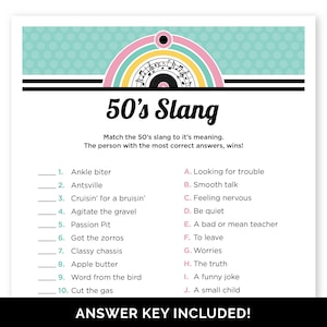 Gra slangowa z lat 50., quiz na imprezę tematyczną z lat 50., quiz o latach 50. na imprezę Sock Hop, gra urodzinowa „Powrót do lat 50.”, gra polegająca na dopasowywaniu slangu z lat 50.