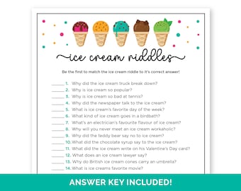 Ice Cream Riddles, Printable Riddle Me This Game for an Ice Cream Social, Ice Cream Jokes for Adults and Kids, Ice Cream Birthday Party Game