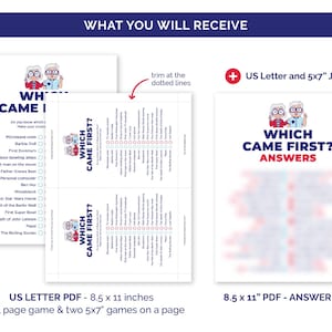 May include: A printable game titled "Which Came First?" with a cartoon illustration of an elderly couple. The game includes a full-page version and two 5x7 inch versions. An answer key is also included. The game is printed on 8.5 x 11 inch paper.