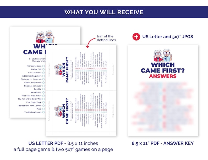 May include: A printable game titled "Which Came First?" with a cartoon illustration of an elderly couple. The game includes a full-page version and two 5x7 inch versions. An answer key is also included. The game is printed on 8.5 x 11 inch paper.