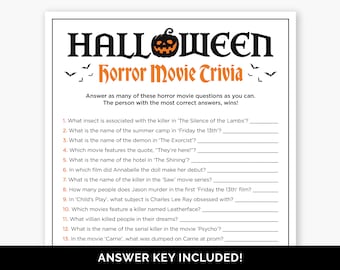 Halloween Horror Movie Trivia Game, Printable Spooky Quiz with Answers for a Halloween Office Party, Scary Movie Trivia for Adults & Teens