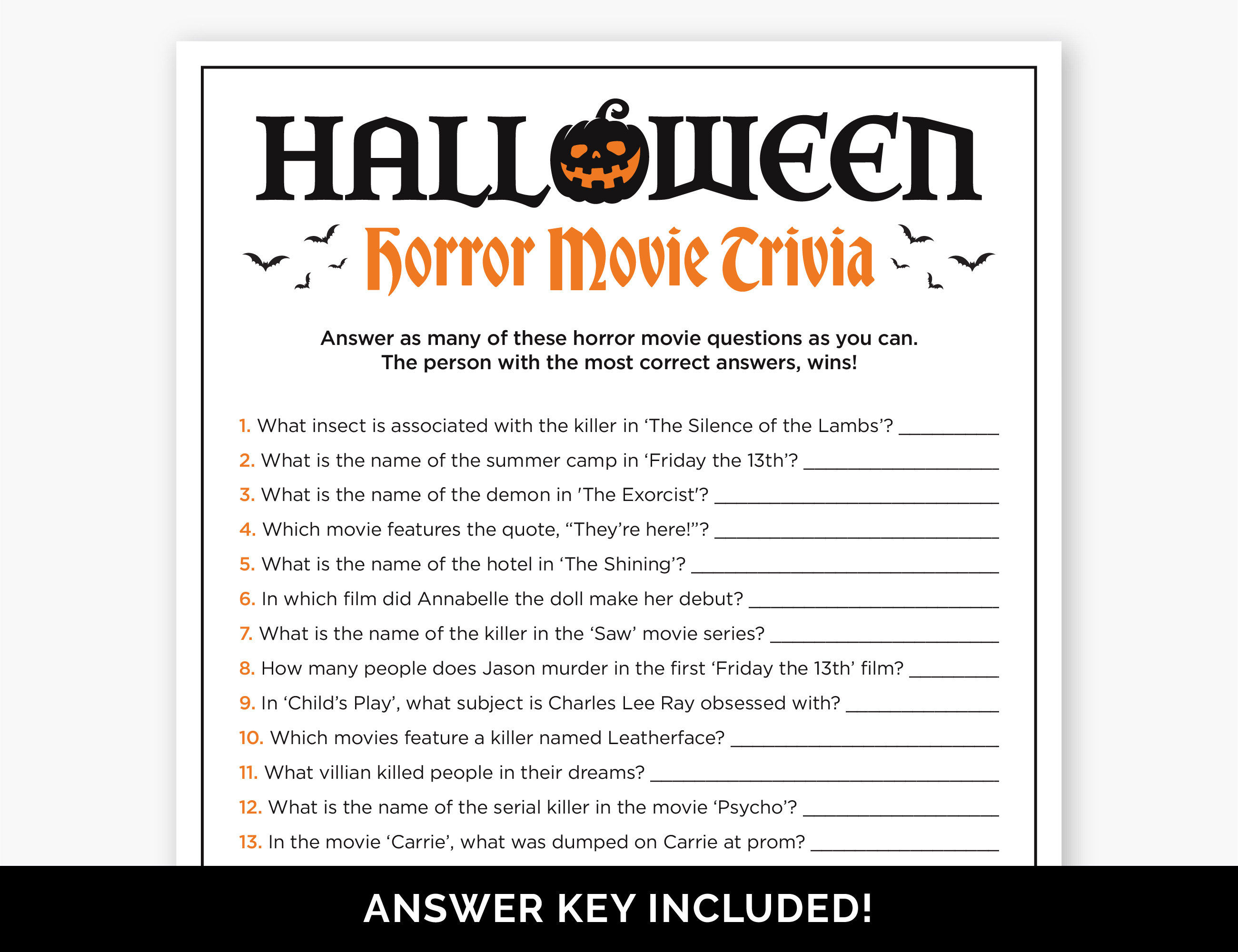 Horror Movie Quiz Game. Halloween. Character Memory Party Game. Digital  Download Friday the 13th. Scream. Pennywise. Nightmare on Elm Street