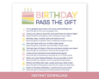 Birthday Pass The Gift Game, Printable Pass The Present Birthday Party Game, Birthday Pass The Prize Rhyme for Teens, Kids Gift Passing Poem