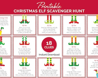 Weihnachtsschnitzeljagd für Kinder, druckbare Indoor-Elfenschatzsuche mit 18 gereimten Hinweisen, Weihnachtselfenspiel, lustige Kinderweihnachtsaktivität