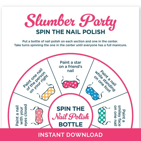 Slumber Party Spin the Nail Polish Bottle, Printable Sleepover Game for Tween and Teenage Girls, Pajama Party Game, Birthday Party Activity