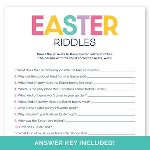 Op de afbeelding: Een printbaar Paas-raadselspel met 11 vragen. Het spel heeft een kleurrijke titel met de woorden "Easter" en "Riddles" in een regenboog-lettertype. Het spel is ontworpen om te worden afgedrukt en gespeeld met vrienden en familie.