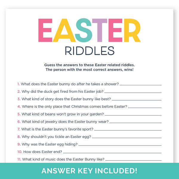 Easter Riddles, Printable Riddle Me This Game for a Family Easter Party, Easter Jokes for Adults and Kids, Easter Classroom Party Activity.