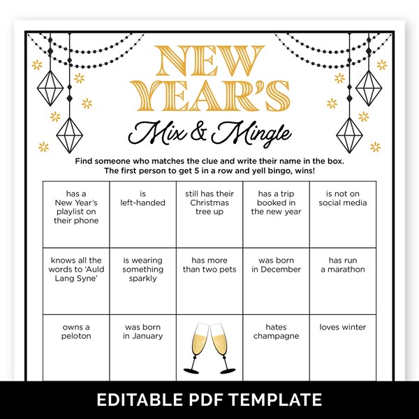 Editable New Year's Mix and Mingle Bingo, Find The Guest Game for a New Year's Eve Party, Find Someone Who Human Bingo, NYE Icebreaker Game