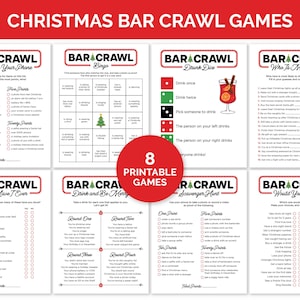 クリスマス バー クロール ゲーム、ホリデー パーティー用の印刷可能なバー ホッピング ゲーム、クリスマス パブ クロール ドリンク ゲーム、クリスマス バー クロール ビンゴ。