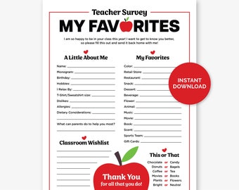 Teacher Favorites Survey, Printable Teacher&#39;s Favorite Things Questionnaire, My Favorite Things Form for Teacher Wish Lists and Gift Giving