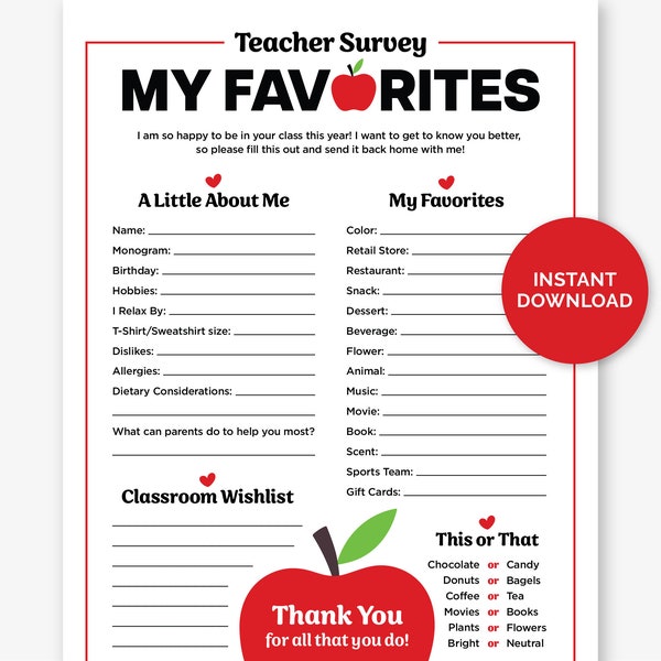 Teacher Favorites Survey, Printable Teacher's Favorite Things Questionnaire, My Favorite Things Form for Teacher Wish Lists and Gift Giving