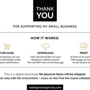 以下が含まれることがあります： デジタルファイルの購入、ダウンロード、印刷方法を説明したグラフィック。テキストには、「私の小さなビジネスをサポートしてくれてありがとう。」と「仕組み：購入、ダウンロード、印刷」とあります。
