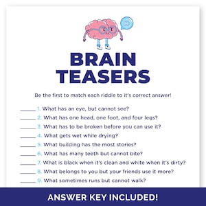 Op de afbeelding: Een wit vel met de woorden "BRAIN TEASERS" in donkerblauw. Het vel heeft een cartoon hersenkarakter met een bril en een tekstballon. Hieronder staan ​​negen raadsels met lijnen om antwoorden op te schrijven. De tekst "ANSWER KEY INCLUDED!" staat onderaan.