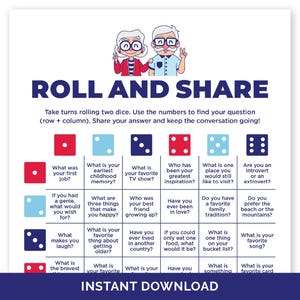 May include: A conversation starter game called "Roll and Share" with questions to encourage discussion. The game has a grid layout with dice and prompts such as "What is your favourite TV show?" and "Do you prefer the beach or the mountains?" Includes an illustration of an elderly couple.