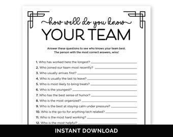Wie gut kennen Sie Ihr Team, druckbares Team Building Spiel, Team Trivia Spiel für eine Bürofeier, Mitarbeiter Spiele für eine Feiertagsarbeitsfeier.