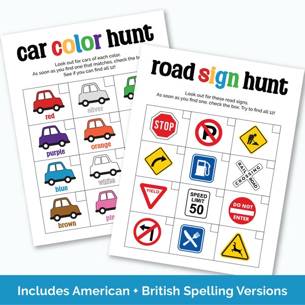 Road Trip Scavenger Hunts for Kids, Printable Road Signs Game, Coloured Cars Hunt, Travel Games for Family Road Trip, Long Car Ride Activity