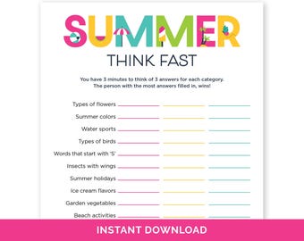 Summer Think Fast Game, Quick Think Game for a Pool or Beach Party, Summer Camp Game, Word Game for a Summer Barbecue, Summer Birthday Game.