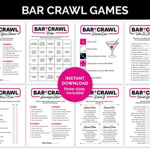 Paquete de juegos de bar crawl, juegos imprimibles para un bar crawl de cumpleaños, con bingo "Encuentra a alguien", búsquedas del tesoro y juegos de beber.
