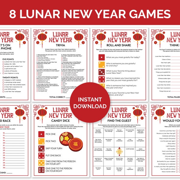 Lunar New Year Games, Printable Chinese New Year Games Bundle for Adults and Kids, Fun 2024 Year of the Dragon Party Games for Families.