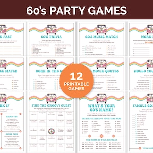 60s Party Games, Printable Games Bundle for a 60s Theme Party, Back To The 60s Birthday Games, 1960s Trivia Games for a Groovy Hippie Party.