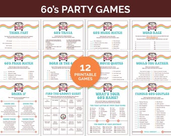 60s Party Games, Printable Games Bundle for a 60s Theme Party, Back To The 60s Birthday Games, 1960s Trivia Games for a Groovy Hippie Party.