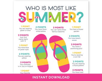 Who Is Most Like Summer, Beach Party Game, Summer Birthday Party Game, Summer Camp Icebreaker Activity, End of School Game, Pool Party Game.